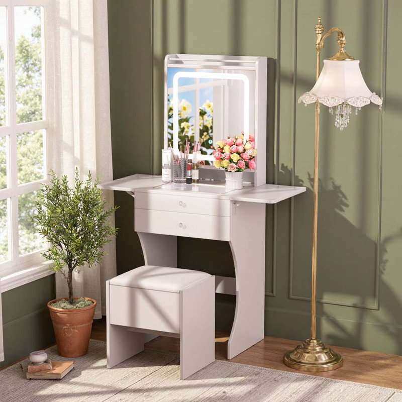 Ensemble de coiffeuse compacte avec tabouret, tables d'appoint pliables et miroir à DEL pour petites chambres à coucher