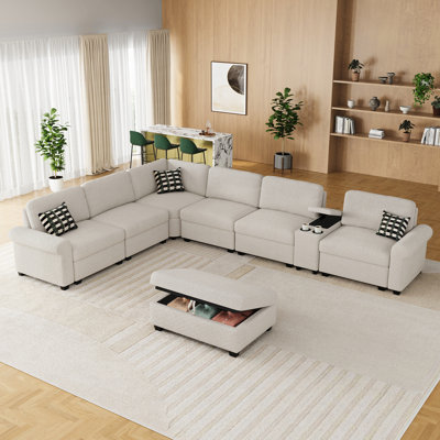 Canapé modulaire modulaire avec porte-gobelet et repose-pieds avec rangement, tissu chenille, structure en bois massif