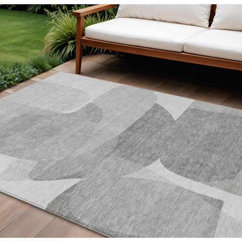 Tapis extérieur lavable abstrait 10 pi x 14 pi en lin et gris
