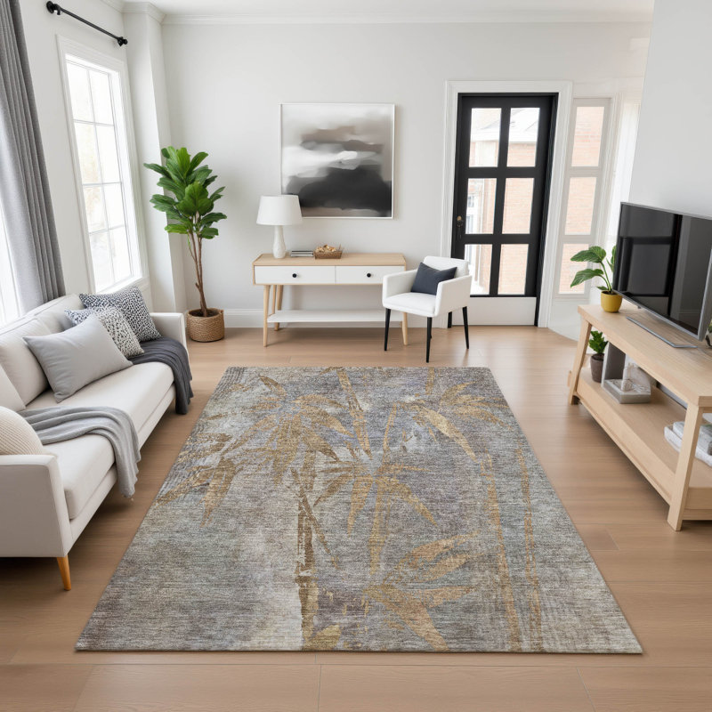 Premium Machine Washable Mayfield AMF2222 Botanical Rug, 2'6" x 3'10", Khaki