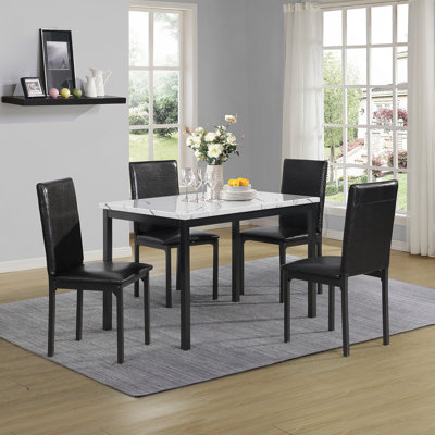 Ensemble de salle à manger 5 pièces en métal avec plateau en faux marbre stratifié, table de salle à manger avec 4 chaises