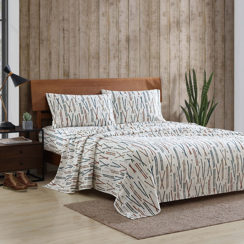 100% Cotton 200 Thread Count Flannel Sheet Set, Full Sheet Set with 2 Pillowcases, Ski Line