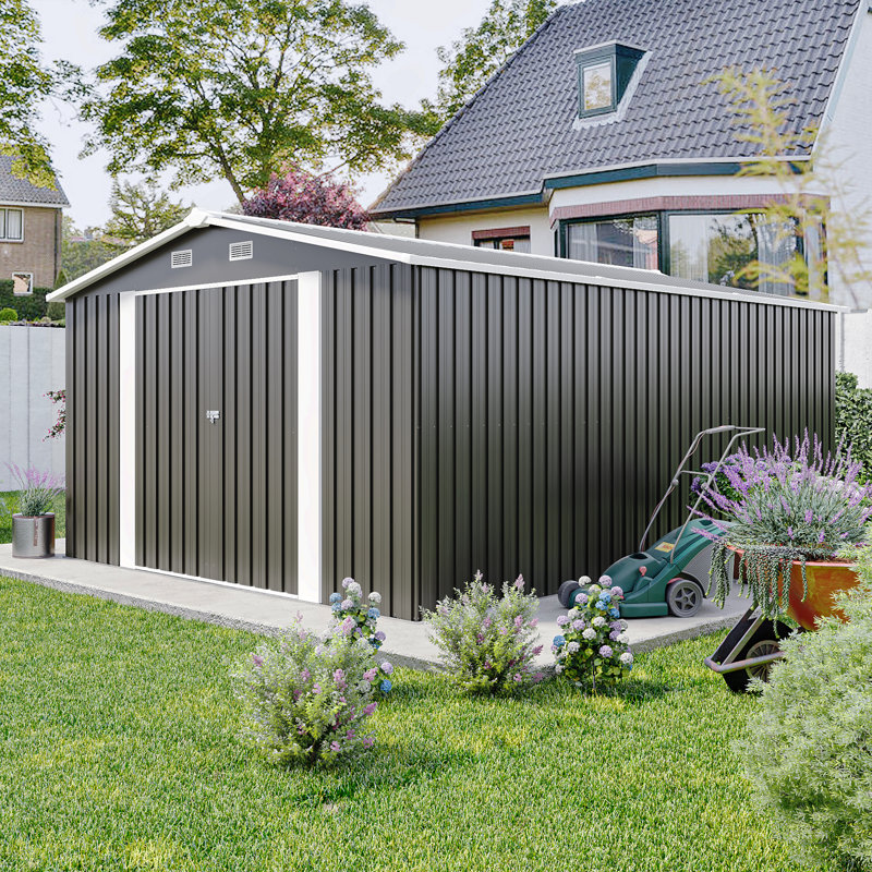 10×14 FT Campcraft Outdoor Storage Shed With 3 Lockable Doors,Utility Tool Shed Metal Storage Garden Sheds Frame And 4 Vents,For Backyard,Patio
