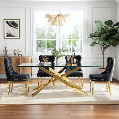 78.7" Rectangle Glass Dining Table Set With Polished Stainless Steel X-Base And Velvet Upholstered Nailhead Trim Dining Chairs