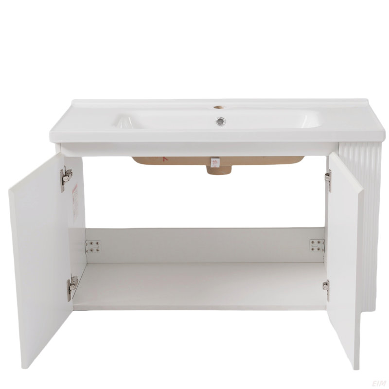 Meuble-lavabo mural polyvalent 36 po avec lavabo en céramique 36 po, portes flottantes à poignée libre et 2 tablettes latérales ouvertes, grand espace de rangement