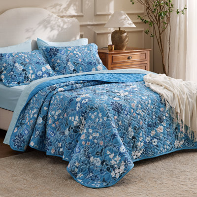 Couvre-lit Literie Floral - édredon réversible à motif floral bleu, couvre-lit léger et matelassé en microfibre