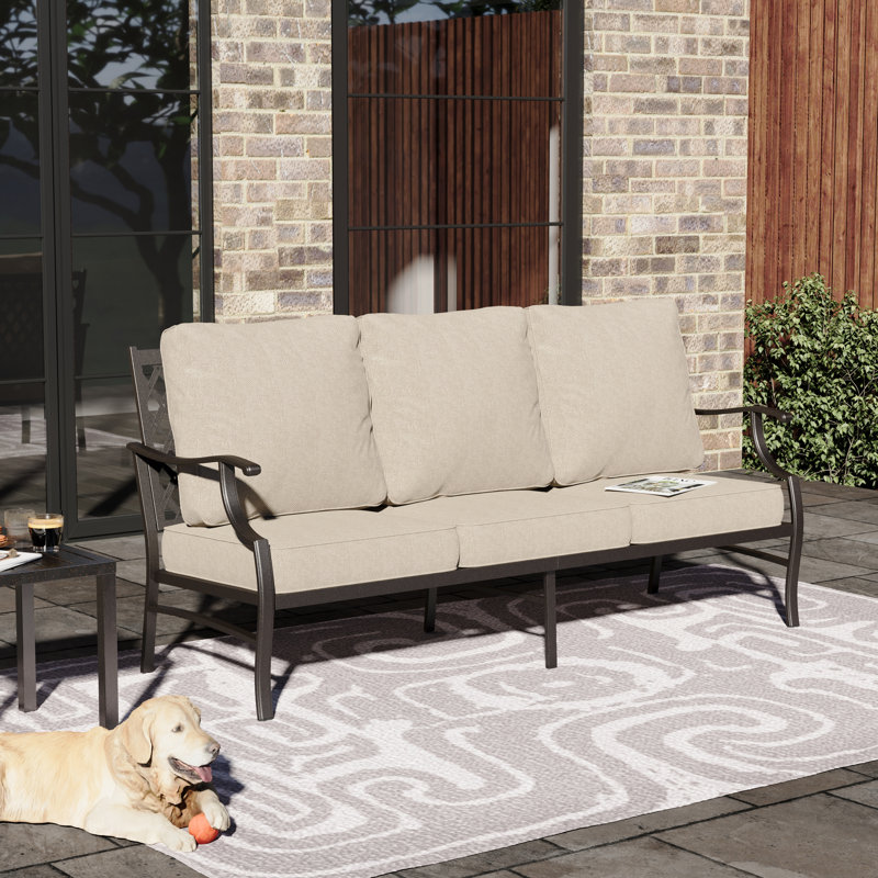 Amayia 75'' Wide Metal Outdoor Patio Sofa with Cushions, Beige