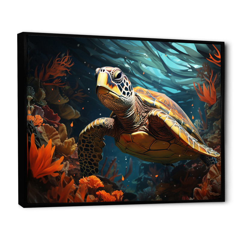«Turtle Aquatic Wanderer», impression géométrique sur toile, Cadre flottant noir, H 12 po x l 20 po x P 1 po