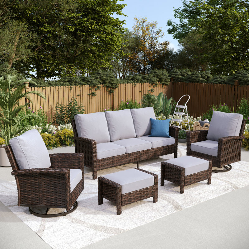 Nadilee Premium All-Weather Wicker 5 - Person Patio Conversation Set with Cushions, Gray