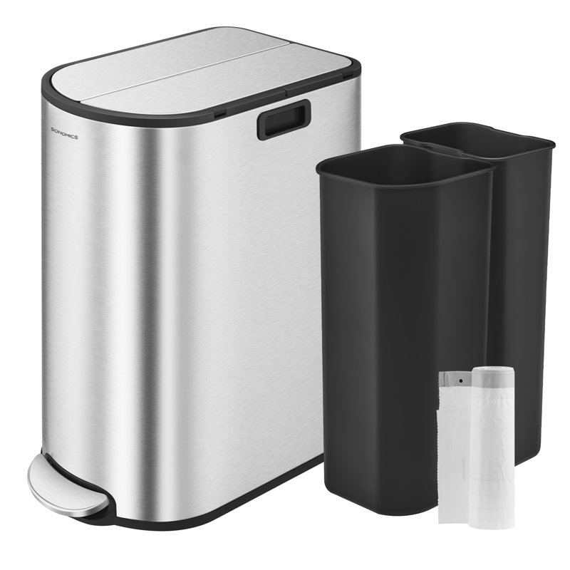 Poubelle à ouverture double 13 gallons en acier inoxydable, Argent métallique