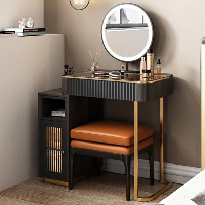 Claria High-quality Makeup Vanity set, Glass Top,Expandable, Corner,Includes makeup stool,Very easy to assemble by 17 Stories