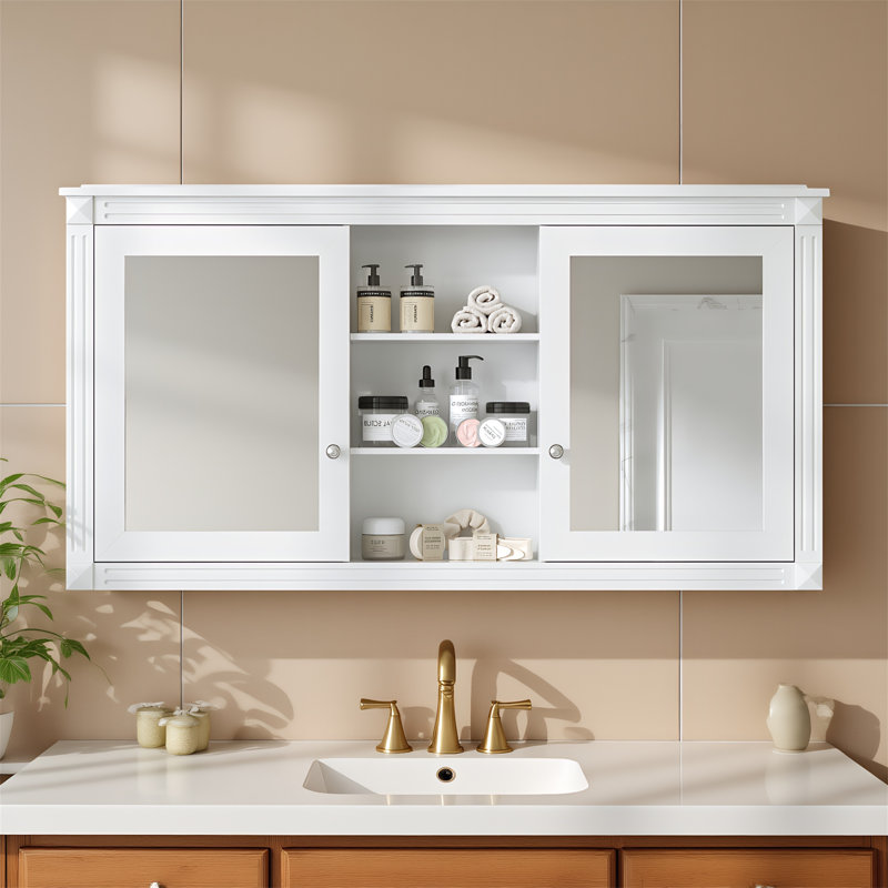 Armoire à pharmacie 55 po 2 en 1 avec 2 portes en miroir HD, charnières à fermeture douce et tablette intérieure réglable, 55 po