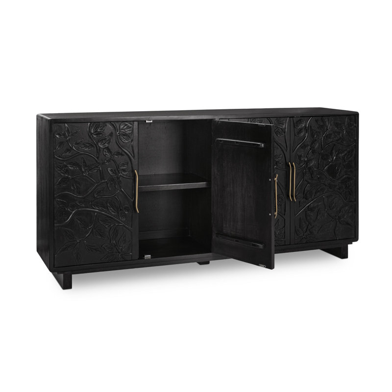 Black Mango Wood Sideboard Buffet with Brass Pulls