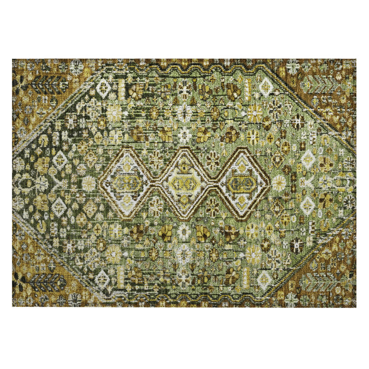 Machine Washable Indoor/Outdoor Xhevrie Olive Rug