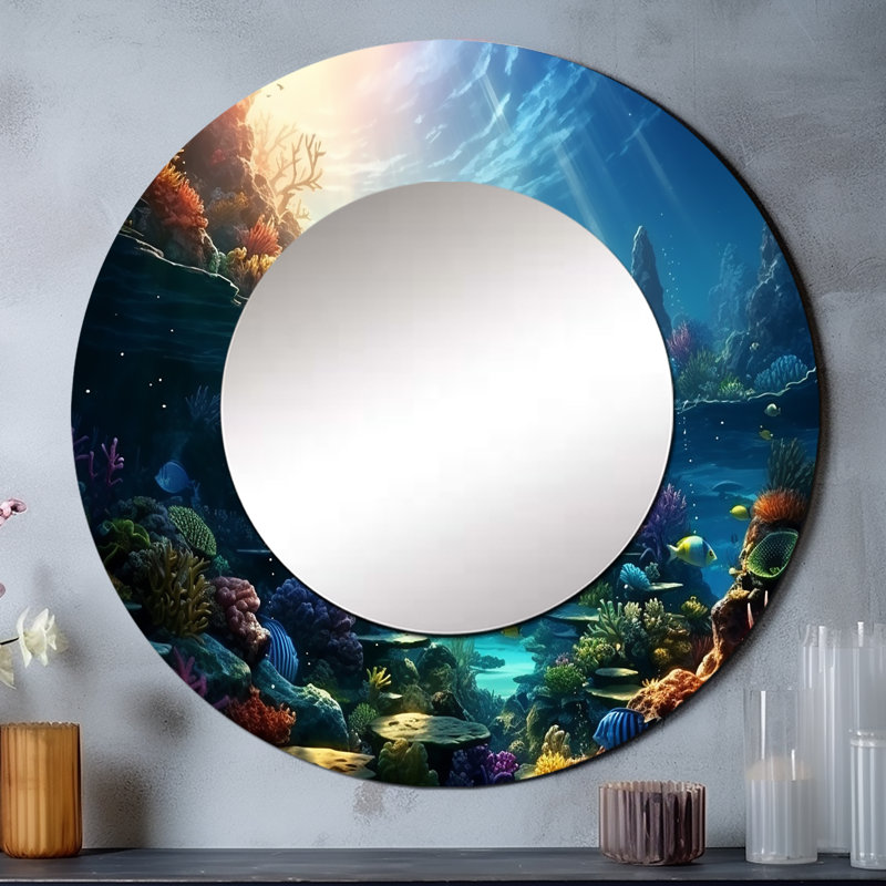 Coral Seascape II - miroir côtier, miroir mural rond turquoise, impression sur métal, 23 po x 23 po