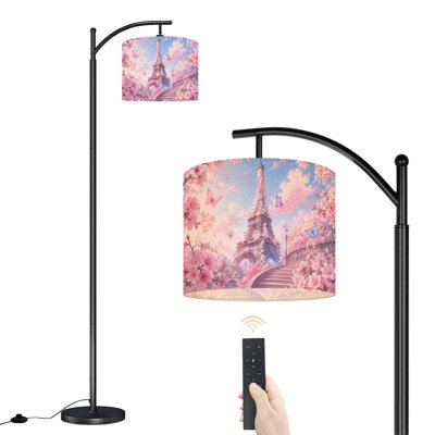 Lampadaire arqué Tour Eiffel, fleurs de cerisier roses, 159 cm de haut, style moderne, abat-jour tambour en lin, 3 températures de couleur, télécommande et interrupteur au pied, idéal pour le salon, la chambre ou un coin lecture.