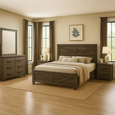 Ensemble de chambre à coucher complète pour grand lit 4 pièces Bry, gris rustique