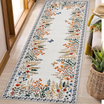 Boho Washable Runner for Entryway Floral Area Rugs for Bedroom Bathroom Rug Non Slip Washable, Soft Indoor Carpet Throw Carpet for Kitchen Laundry Living Room Foyer