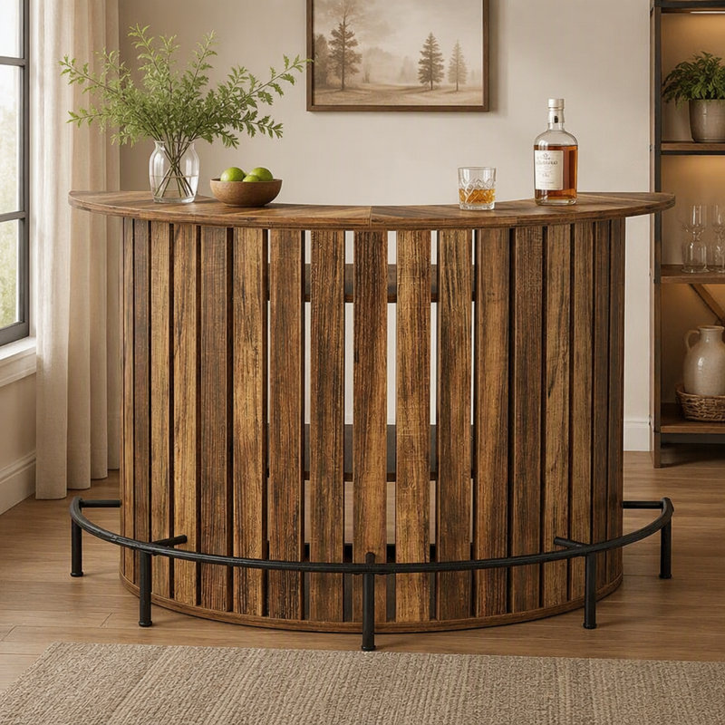 Table de bar 39,4 ", armoire à vin à 4 niveaux en forme d'arc avec repose-pieds pour pub à domicile, Brun rustique