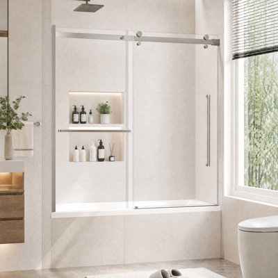 Porte de baignoire réversible coulissante sans cadre l 60 po x H 60 po avec verre trempé transparent de 1/4 po (6 mm)