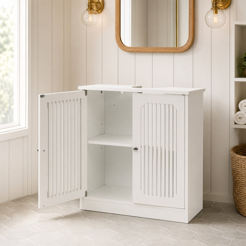 Meuble-lavabo de salle de bain (sans lavabo), portes d'armoire à persiennes, meuble-lavabo à deux portes, armoire de rangement de salle de bain blanche sur pied, style maison de campagne