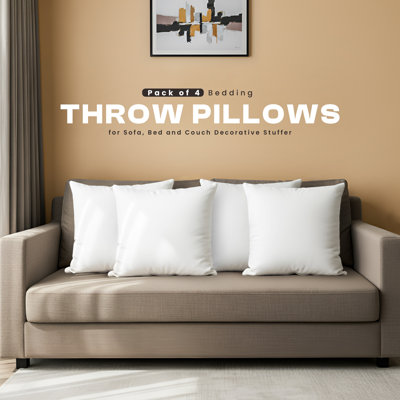 Utopia Bedding Throw Pillow Inserts — Set of 4 Decorative Stuffer Pillows for Sofa, Bed & Couch — Plush Siliconized Polyester Fiber Filling for Full Loft & Shape Retention, Vacuum-Packed, White (4-Pack)