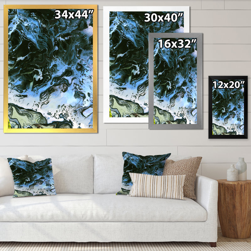 Noir et bleu liquide - Peinture sur toile, H 40 po x l 30 po x P 1,5 po, Cadre photo argenté