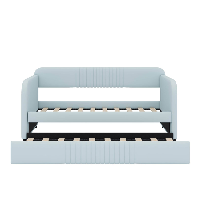 Twin Size Daybed Sofa With Integrated Trundle And Wooden Slats, Light Blue