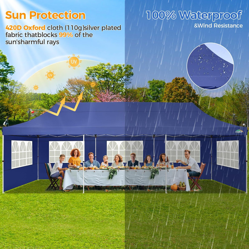 10x30 Pop Up Canopy Tent with 5 Removable Sidewalls, Easy Setup Canopy with Roller Bag & Sandbags, Dark Blue