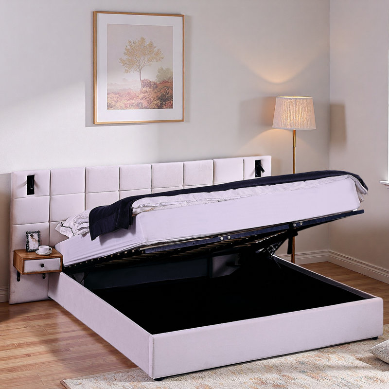 Lit plateforme tapissier hydraulique en velours avec 2 tablettes, 2 lampes de lecture et port USB, Beige