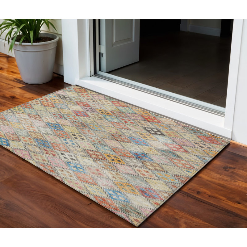 HomeRoots 3' X 5' Terra Cotta Beige And Teal Blue Geometric Washable Indoor Outdoor Area Rug