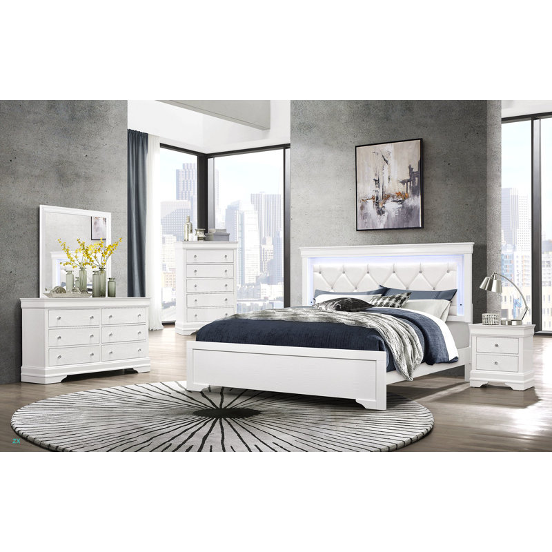 LIT COMPLET AVEC DEL capitonné glamour d'inspiration cristal, Blanc, Lit double