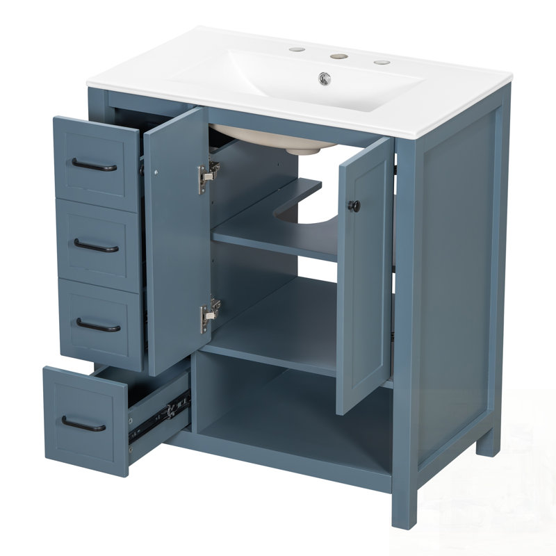 Bathroom Vanity with Sink, Two Doors, Two Drawers, Open Shelf, Solid Wood and MDF, Blue Grey
