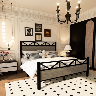 Full Size Bed Frame, Brown Industrial Look With Rustic Finish, Metal Construction, Headboard And For Mattress Security, Quick Assembly Process Side Rails Support, Bedroom Aesthetics, Fast Instructions