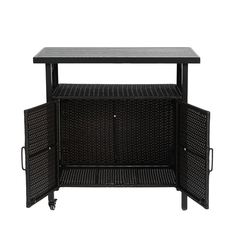 Outdoor Wicker Bar Cart, Weatherproof Patio Serving Cart With Locking Wheels & Plastic Wood Top, Mobile BBQ Prep Station, Wine Bar, And Grill Storage For Garden Parties
