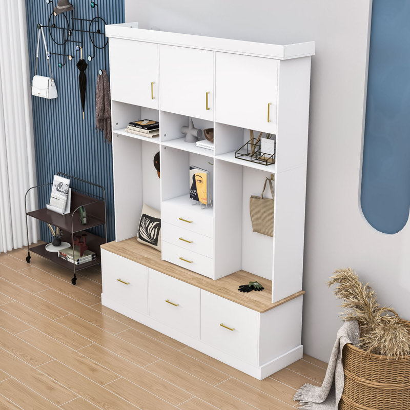 Multi-functional Hall Tree with Storage Drawers, Comfort Bench, Metal Hooks and Cabinets, White