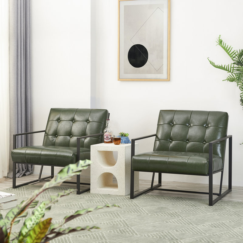 29.5" W Tufted Armchair, Hunter Green Faux Leather