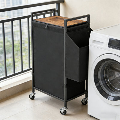 Chariot à linge, panier à linge à roulettes grande capacité de 96 litres avec sac doublure amovible en tissu Oxford; Grand panier à linge autonome avec poche latérale; Chariot à linge en métal