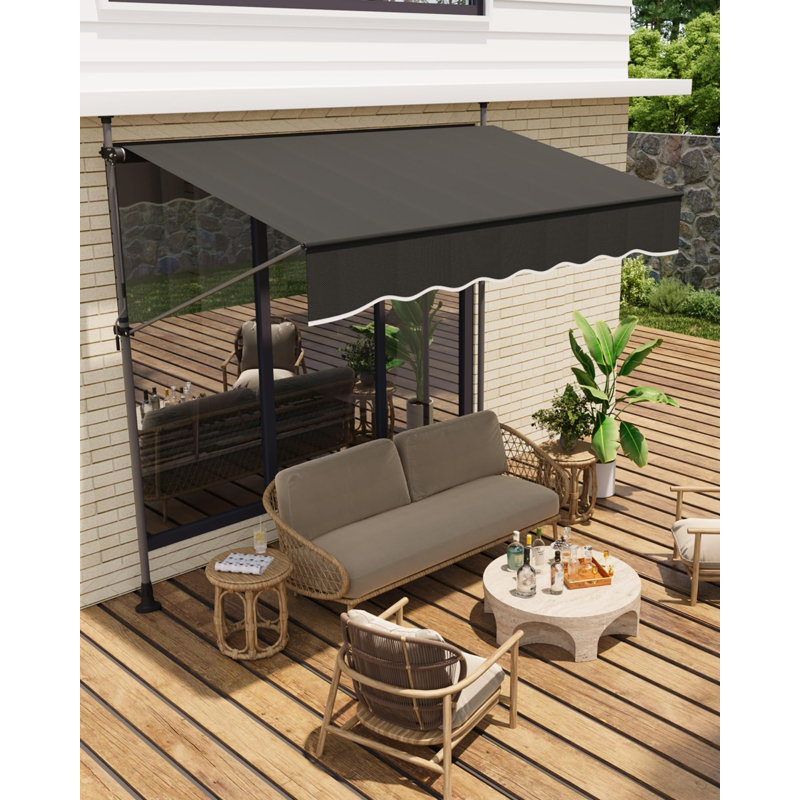 Manual Retractable Patio Awning, Adjustable Height, UV Protection, Weather-Resistant Outdoor Sunshade Shelter, Black