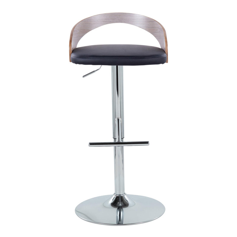 Adjustable Black PU and Grey Wood Swivel Barstool with Chrome Base