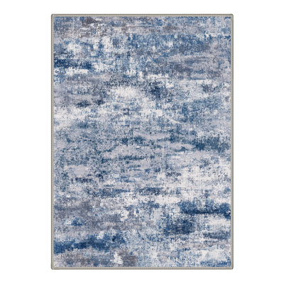 Comeau Aura Modern Abstract Machine Washable Blue / White Indoor Area Rug with Non-Slip Backing