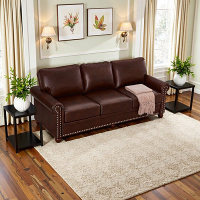 Elegant Black Faux Leather Sofa with Nail Head Trim - 3-Seater Couch for Living Room