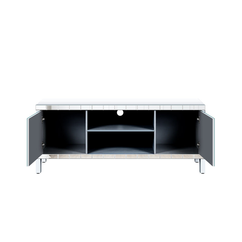 Meuble télé avec miroir de 65 pouces et plus, console argentée avec rangement ouvert et 2 sections, support de salon moderne pour téléviseurs, compartiments, articles essentiels