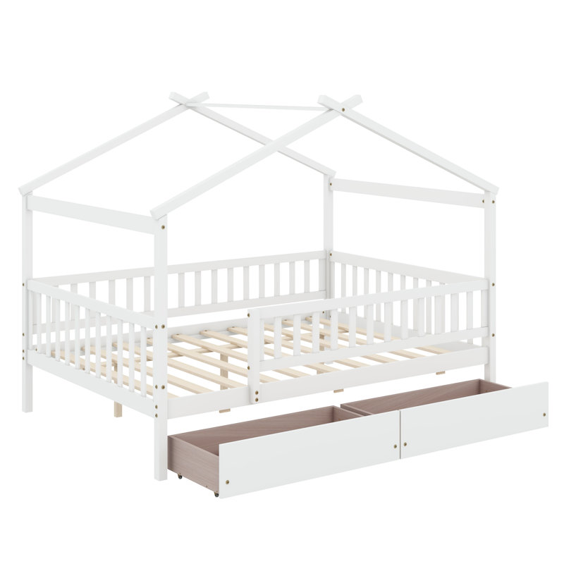 Lit double en bois avec deux tiroirs, Blanc
