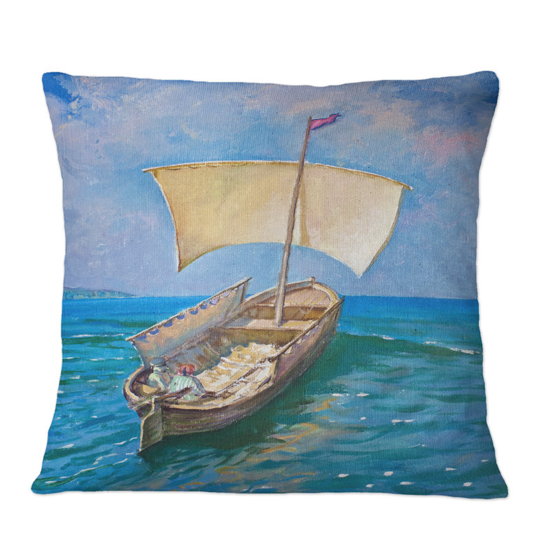 Voilier sur les vagues de l'océan bleu - Coussin décoratif imprimé nautique et côtier, 18 po x 18 po