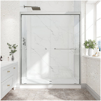 Porte de douche coulissante double en nickel brossé à installation double réversible de 55 à 60 po x H 72 po, cadre en alliage d'aluminium, verre trempé 1/4 po (6MM) avec membrane antidéflagrante, installation facile