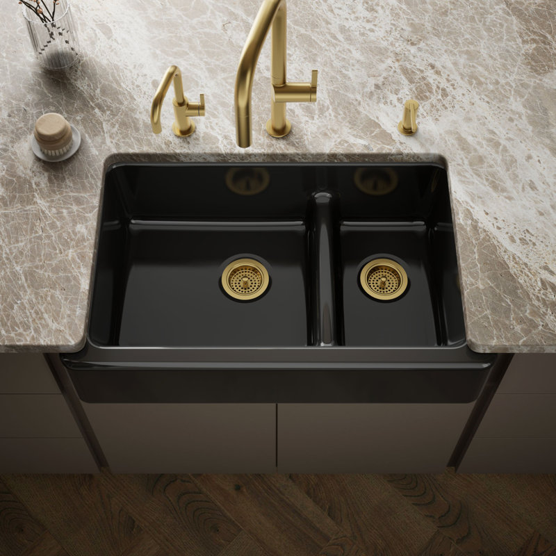 Whitehaven 36" L x 22" W Double Basin Farmhouse Kitchen Sink, Black Black