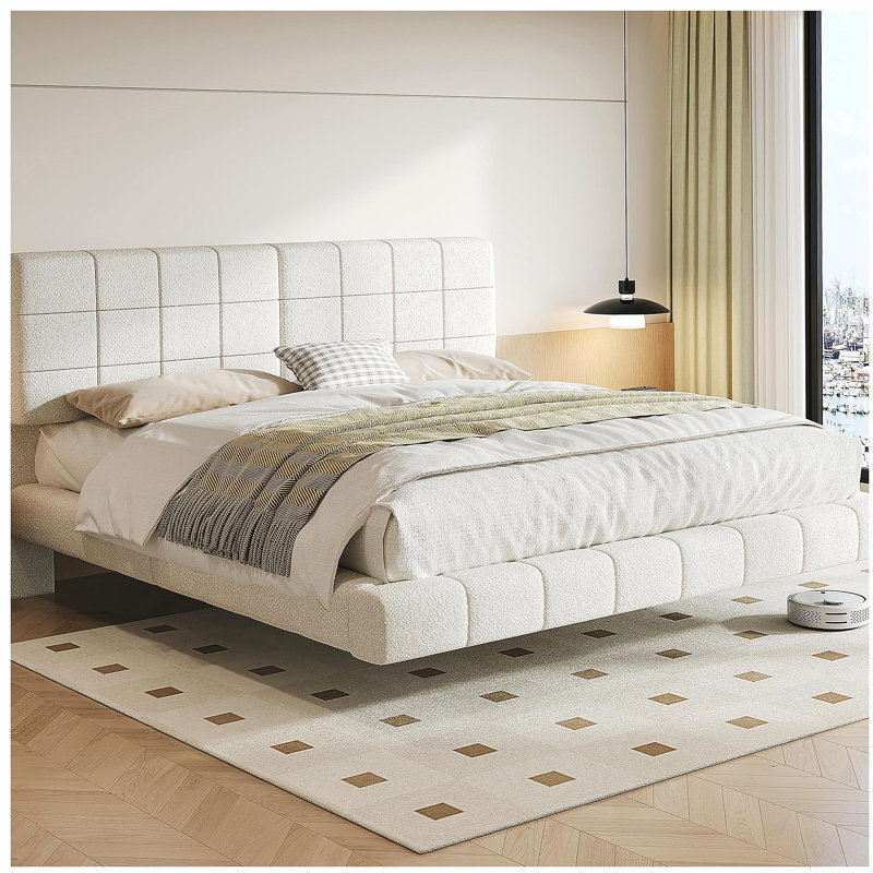 White  Boucle Floating Bed with Light,Queen