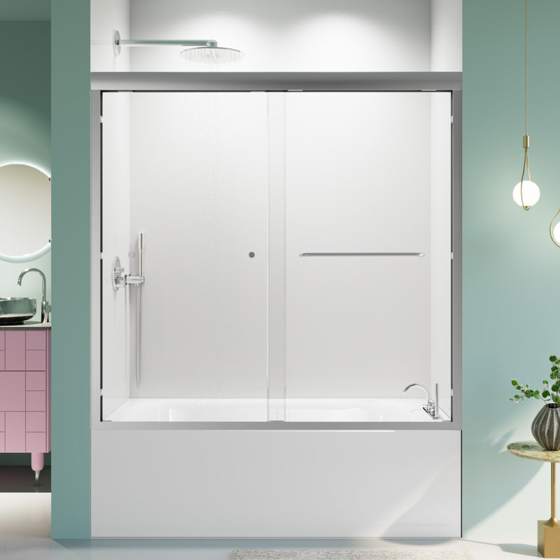 Porte de baignoire coulissante double demi-cadre avec verre trempé l 56 à 60 po x H 58 po, Chrome chrome