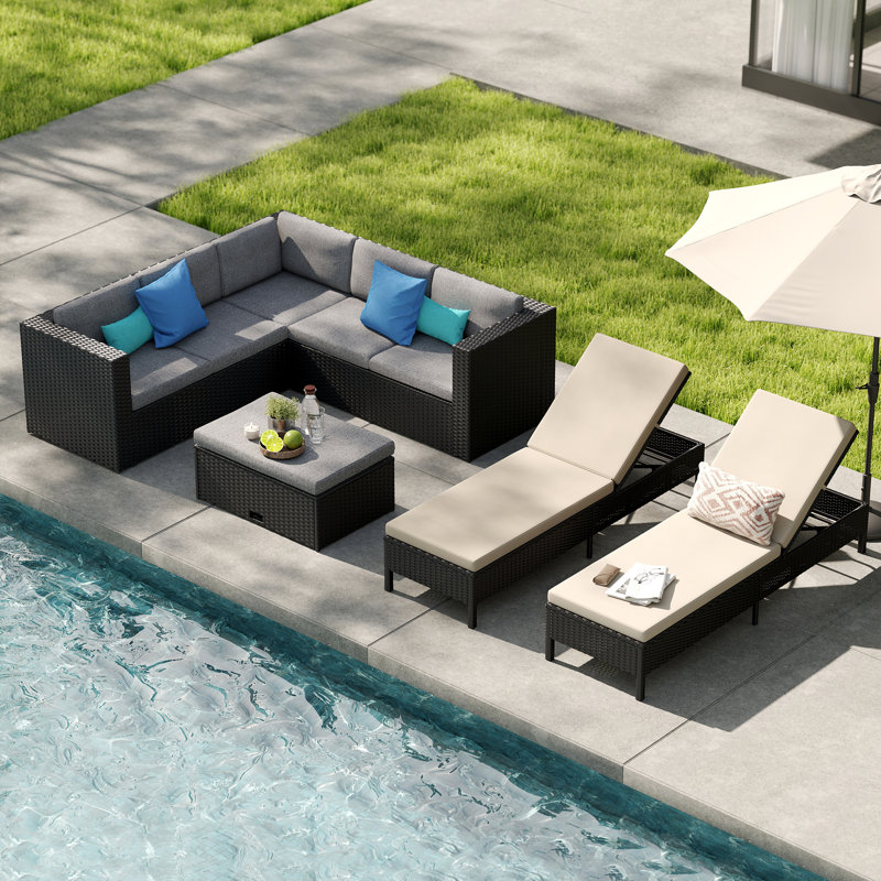 Ensemble de patio en osier toutes saisons avec canapé modulaire et chaises longues réglables - mélangé